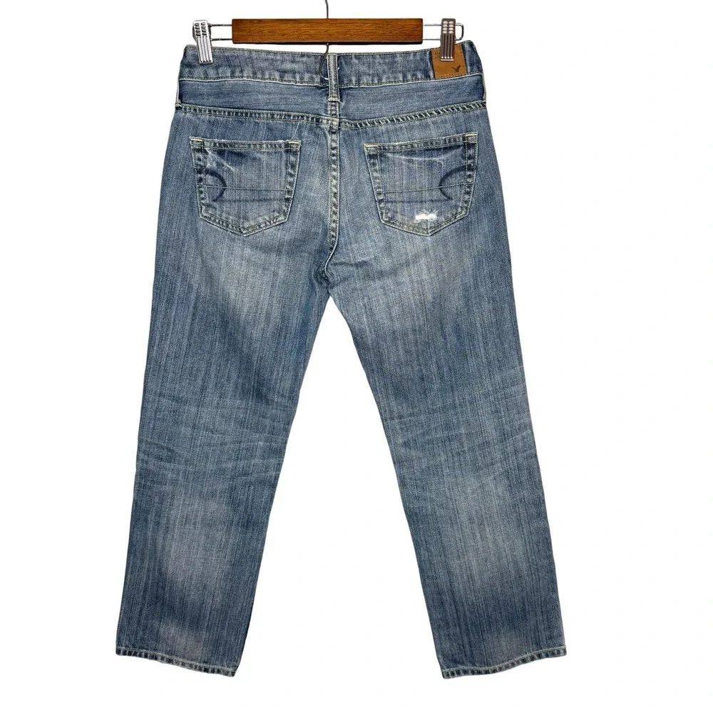 Y2K American Eagle 00 Boy Fit Cropped Low Rise Jeans Blue Distressed Denim Capri